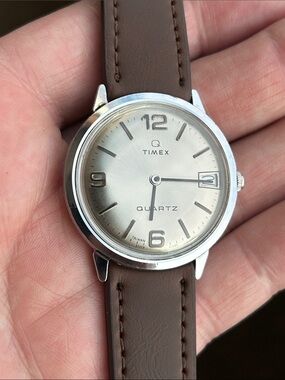 1980 Timex Q Silver Dial Watch with Brown Leather Strap- Unisex